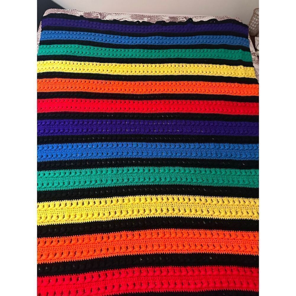 Handmade Colorful Rainbow Striped Crocheted Blanket 55.5" x 68"